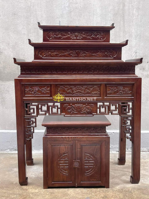 Mẫu bàn thờ gia tiên 3 cấp Sen Triện và tủ thờ
