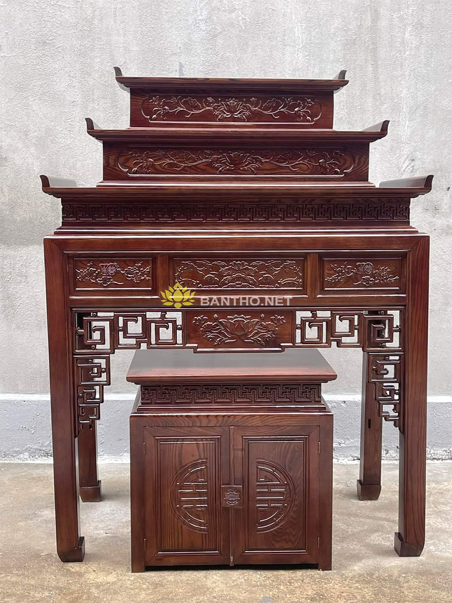 Mẫu bàn thờ gia tiên 3 cấp Sen Triện và tủ thờ
