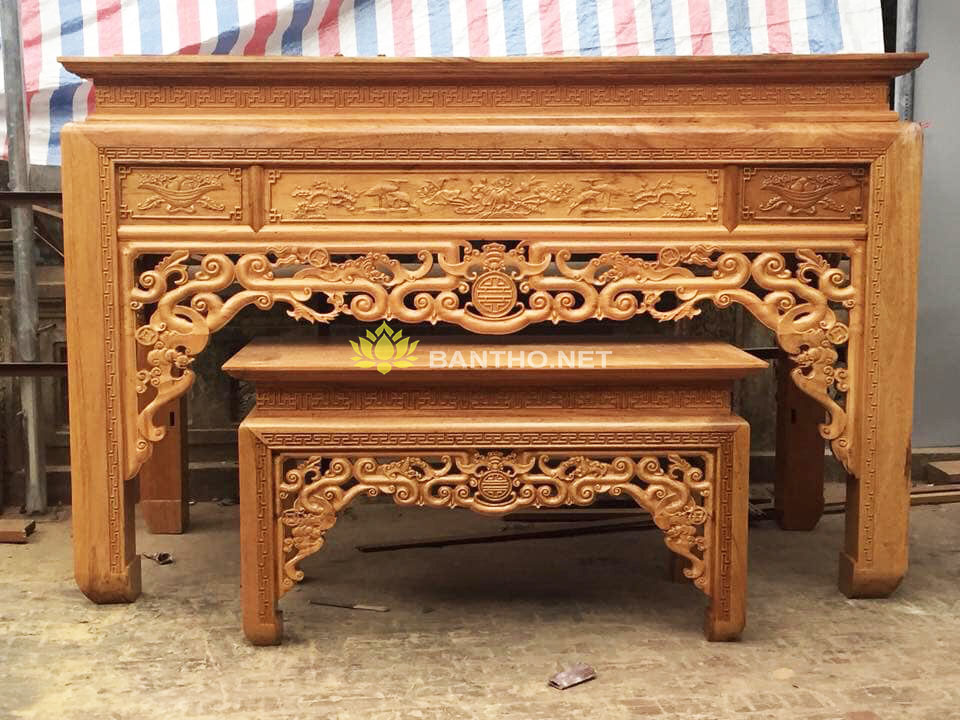 Bàn thờ mẹ con ngũ phúc chân thẳng gỗ gõ
