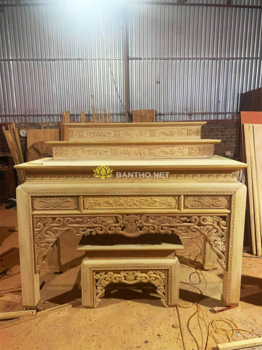 Mẫu bàn thờ gia tiên 3 cấp Ngũ Phúc và bàn cơm