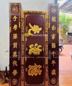 Bộ hoành phi câu đối phẳng nền son thâm